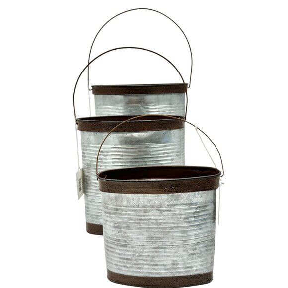 Transpac Galvanized Metal Containers Trio Rustic Oval Design Storage Buckets - Picture 3 of 12